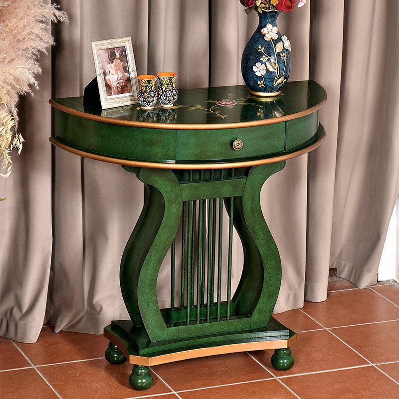 Emerald Green Console Table with Drawer, Harp Base and Gold Accents
