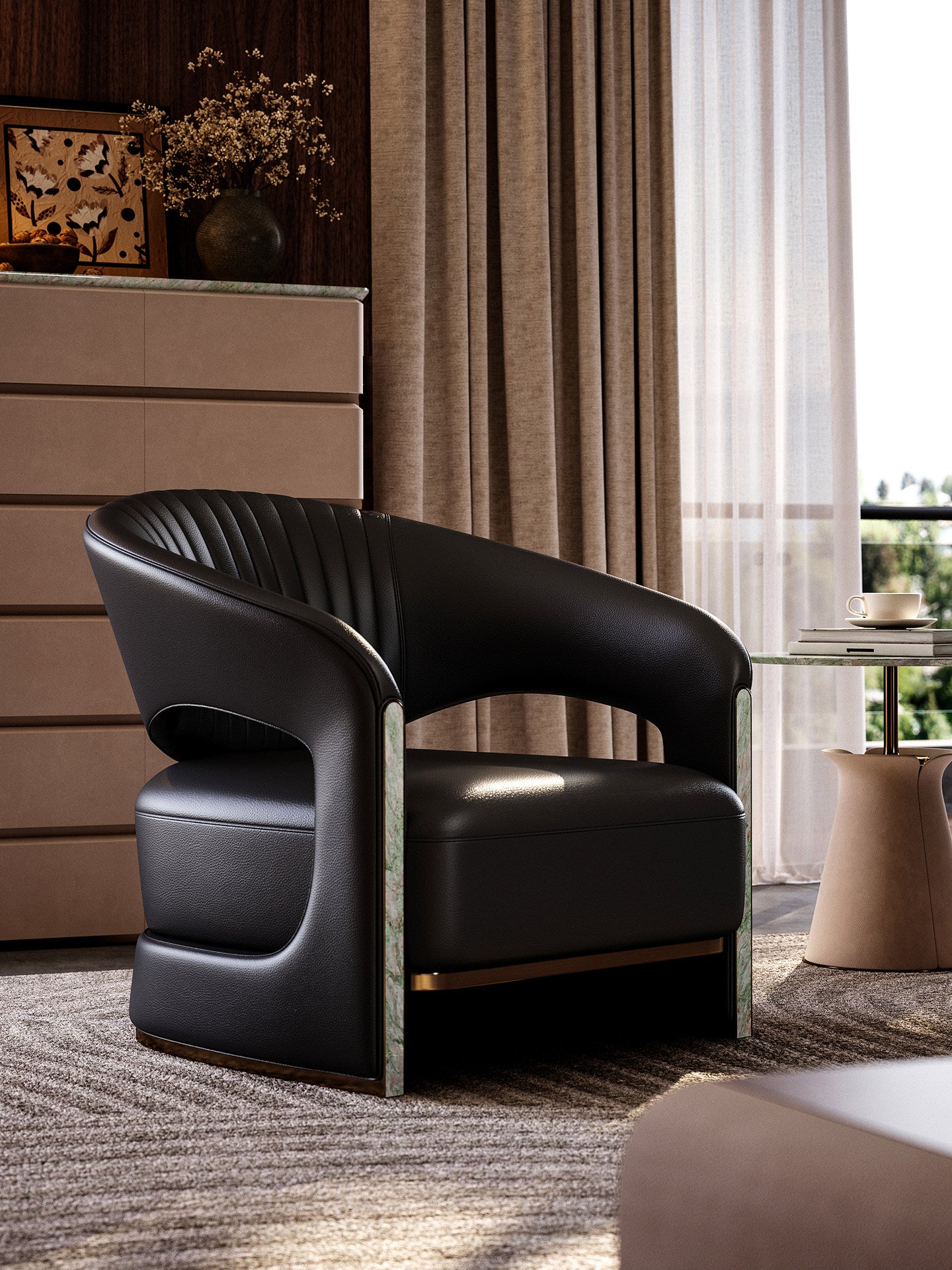 Black Leather Accent Chair, Modern Lounge Chair with Turquoise Stone Arm Accents, Bronze Detail Single Sofa Chair, Curved Back Armchair for Living Room, Bedroom, Villa, Office