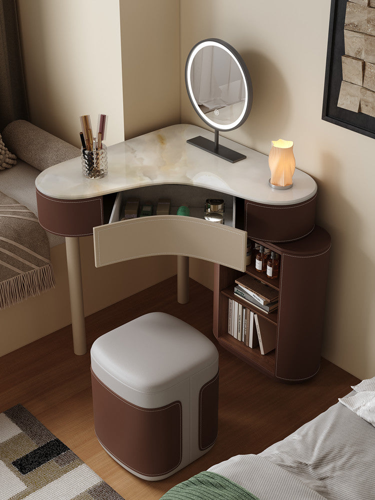 Brown Corner Vanity Set with Mirror, Stool, Drawers and Storage Cabinet