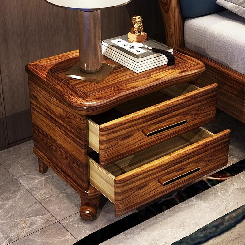 Wenge Wood Nightstand with 2 Drawers and Sculpted Legs