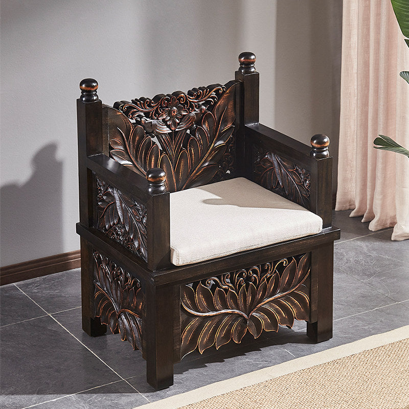Dark Brown Solid Wood Accent Chair, Ornate Lotus Carved High-Back Armchair with Upholstered Seat Cushion, Traditional Statement Chair for Living Room, Bedroom, Entryway and Lounge