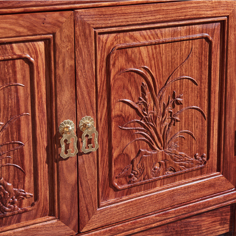 Tall Reddish Brown Solid Wood Tea Cabinet, 2-Door Buffet Sideboard with 2 Open Display Shelves, Carved Storage Cupboard for Dining Room, Living Room, Coffee Bar and Entryway