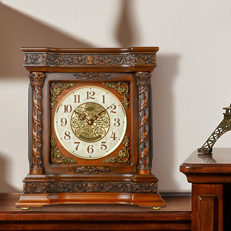 Vintage Solid Wood Mantel Clock with Hourly Chime, 8-Inch Analog Table Clock