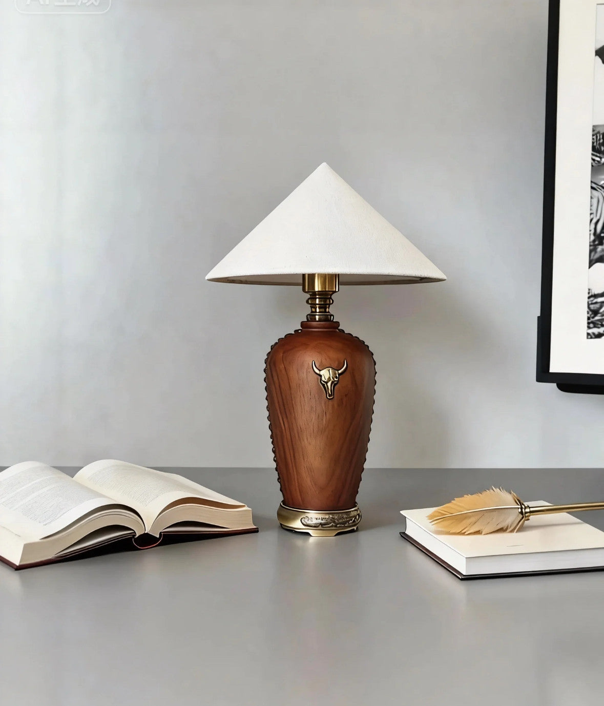 Vintage Solid Wood Table Lamp with Beige Fabric Shade, App Remote Control Bedside Lamp, Western Rustic Nightstand Lamp with Brass Tone Accents for Bedroom Living Room Study