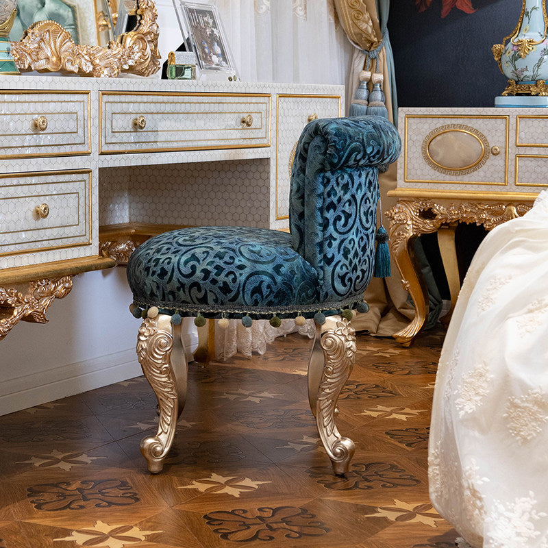 Blue Patterned Vanity Stool with Backrest, Upholstered Makeup Chair with Gold Tone Carved Legs, Decorative Bedroom Stool for Dressing Table, Living Room, Entryway, Closet, Lounge and Accent Seating