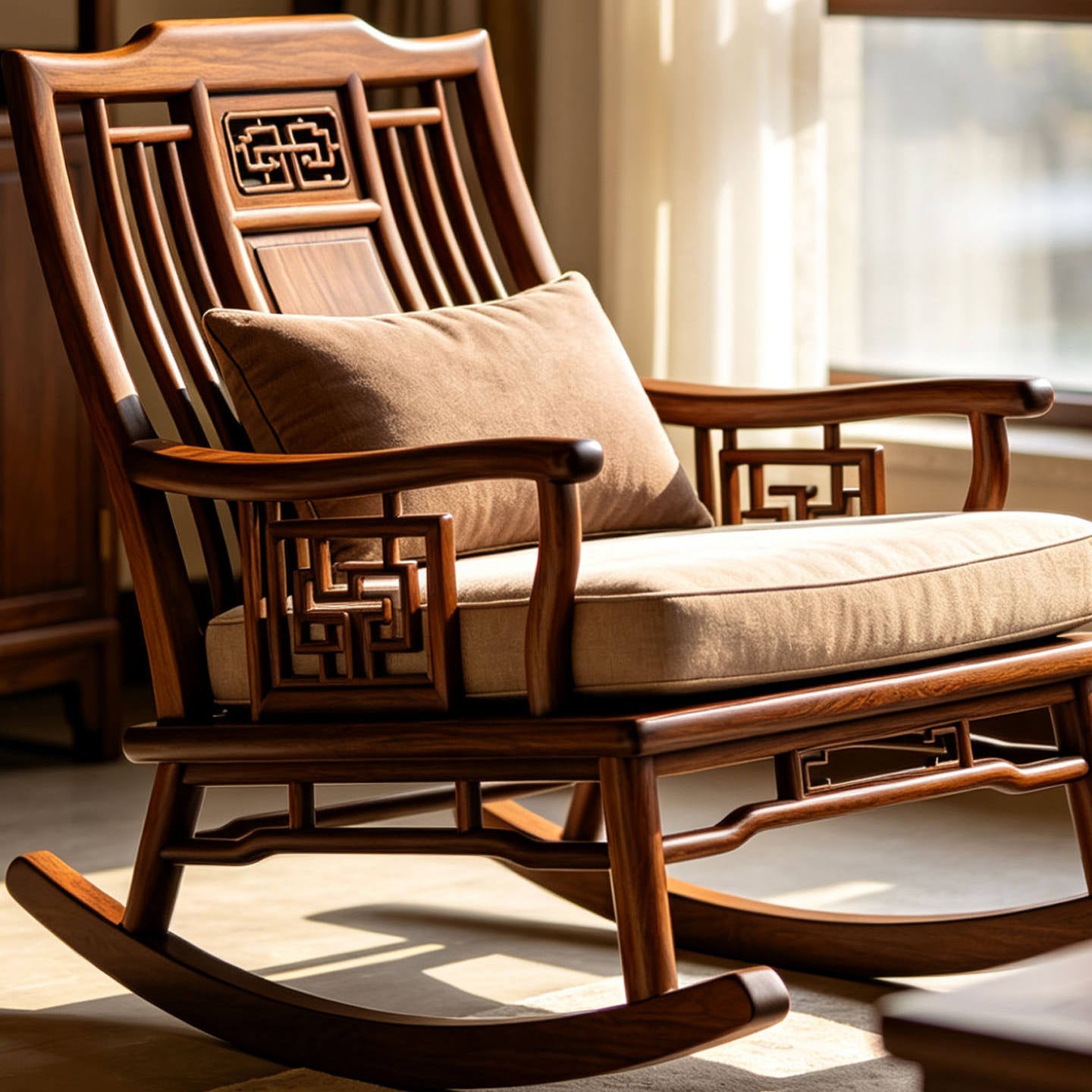 Solid Ash Wood Rocking Chair with Cushions, Walnut Finish