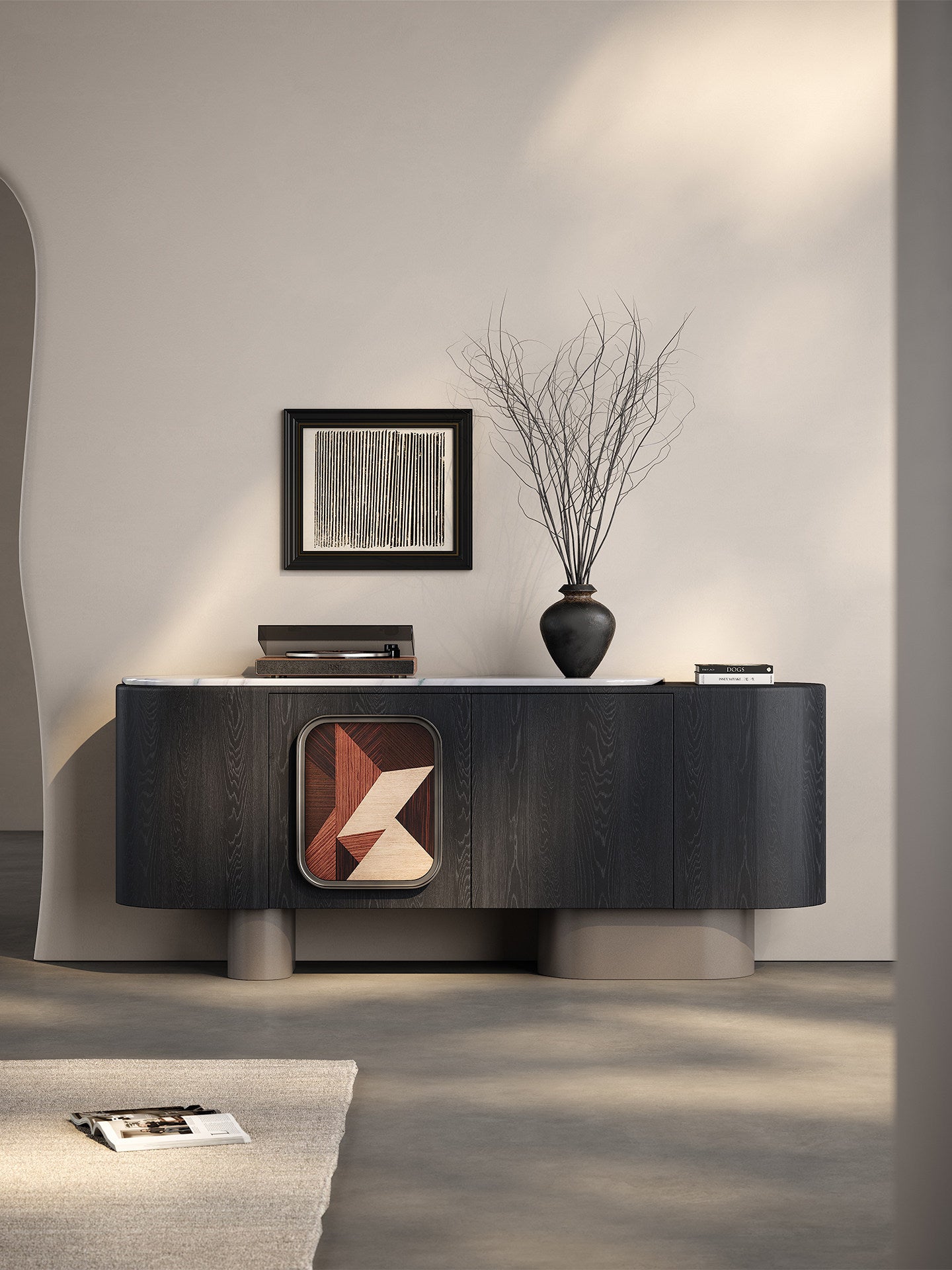 Modern Black Sideboard Buffet Cabinet with Panda White Stone Top, 71 Inch Italian Minimalist Dining Room Storage Cabinet, Curved Wood Accent Credenza for Living Room, Entryway, Kitchen