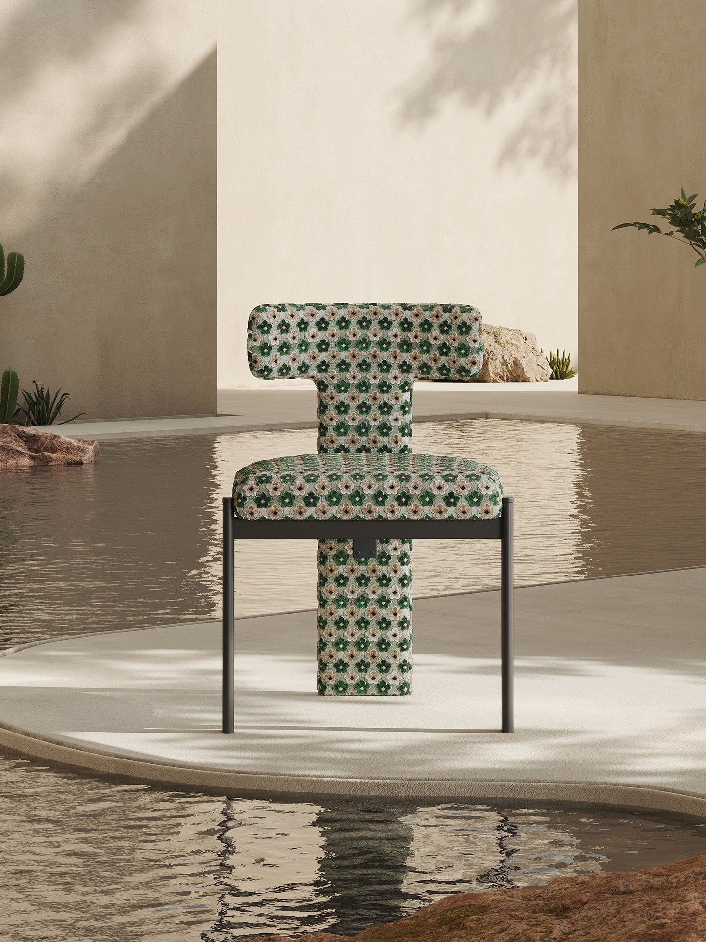 Green Floral Jacquard Dining Chair, Upholstered Armless Accent Chair with Ash Wood Frame, Modern T-Back Side Chair for Dining Room, Kitchen, Bedroom, Vanity, Cafe Seating