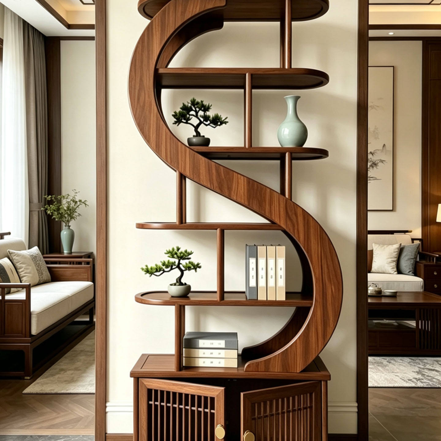Solid Ash Wood Display Shelf with Storage Cabinet, Modern Curved Open Bookcase, Freestanding Room Divider Display Rack, Walnut Finish Decorative Shelving Unit for Living Room, Entryway, Office &amp; Home Library