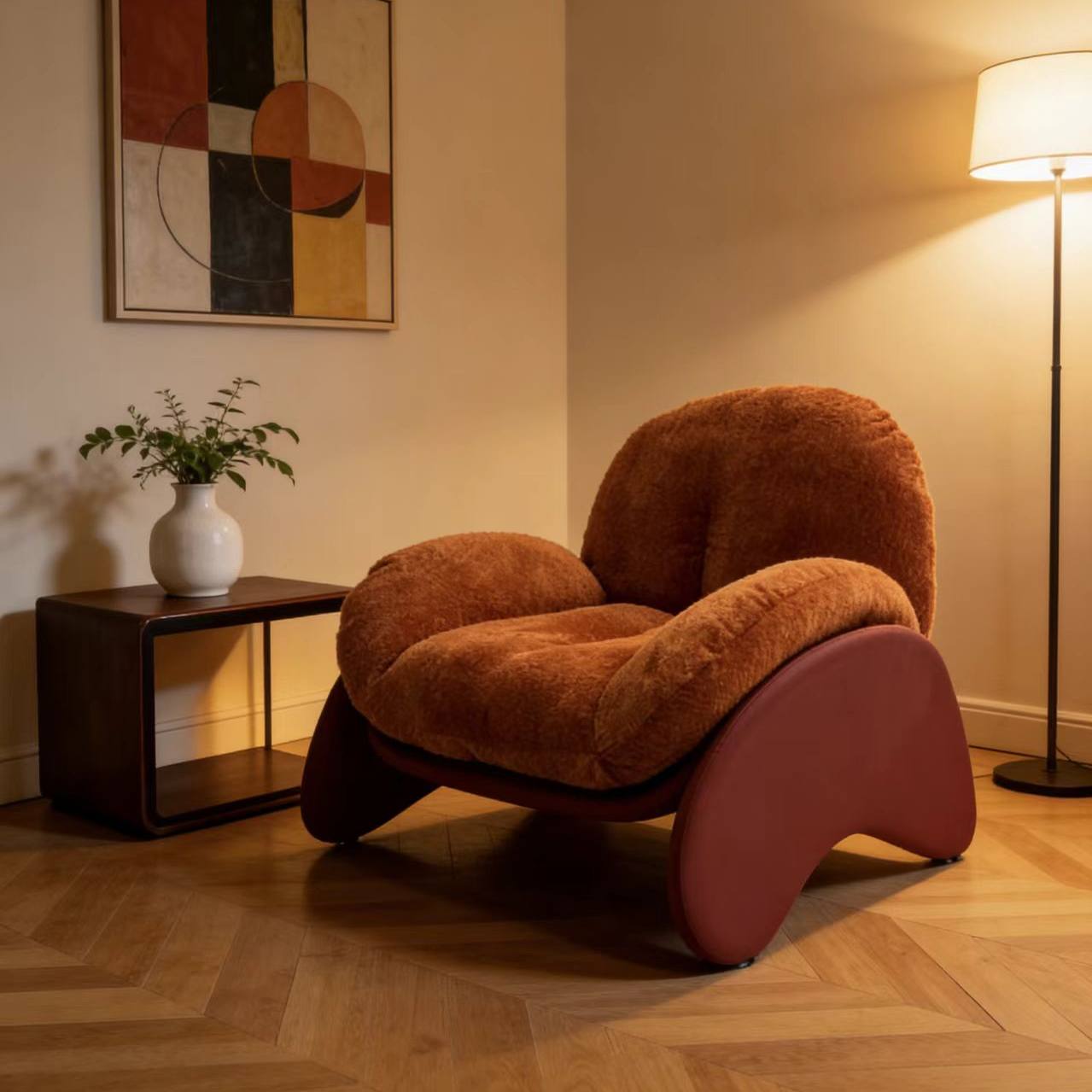 Rust Brown Upholstered Lounge Chair, Sculptural Curved Base
