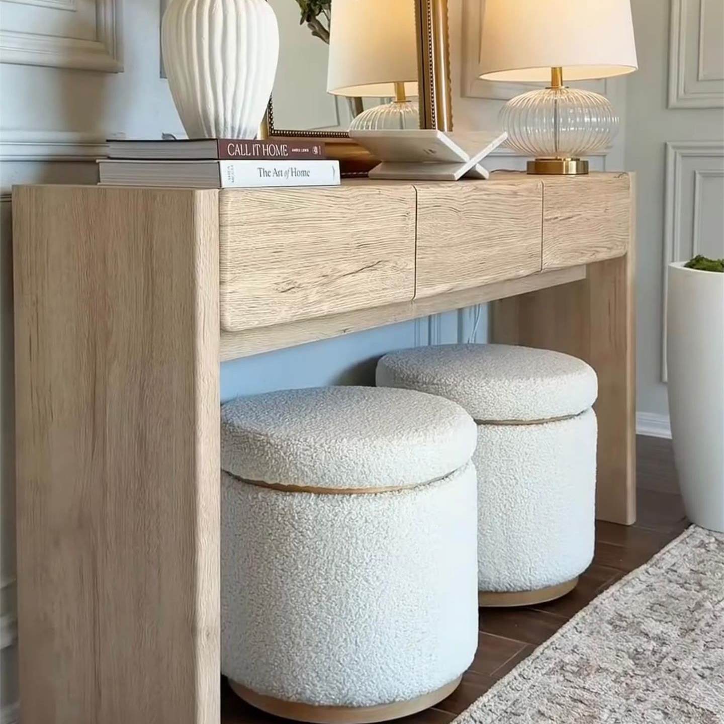 Natural Wood Console Table with 3 Drawers, Solid Wood Entryway Table, Nordic Modern Sofa Table, Narrow Hallway Accent Table for Living Room, Foyer, Bedroom, Behind Couch