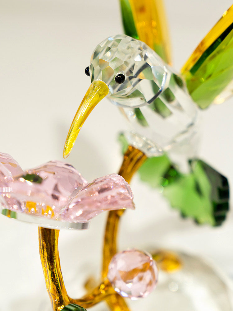 Crystal Hummingbird Figurine with Flower, Gold Decorative Bird Sculpture