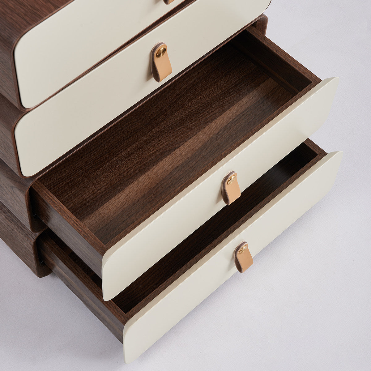 Modern 5 Drawer Chest, Walnut Finish Dresser with Leather Wrapped Drawer Fronts, Slim Bedroom Storage Cabinet, Tall Nightstand Organizer for Bedroom, Closet or Living Room