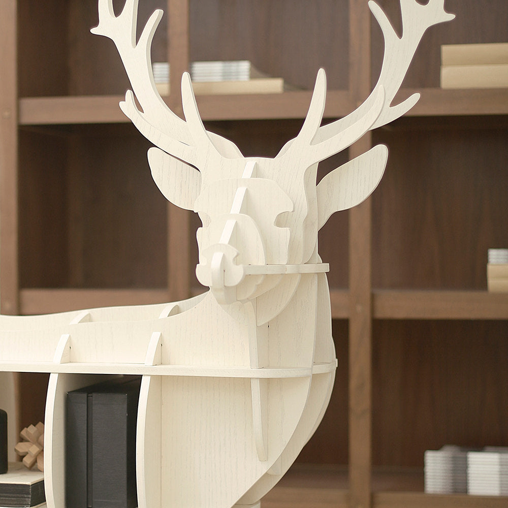 Ivory White Deer-Shaped Bookcase with Open Shelves