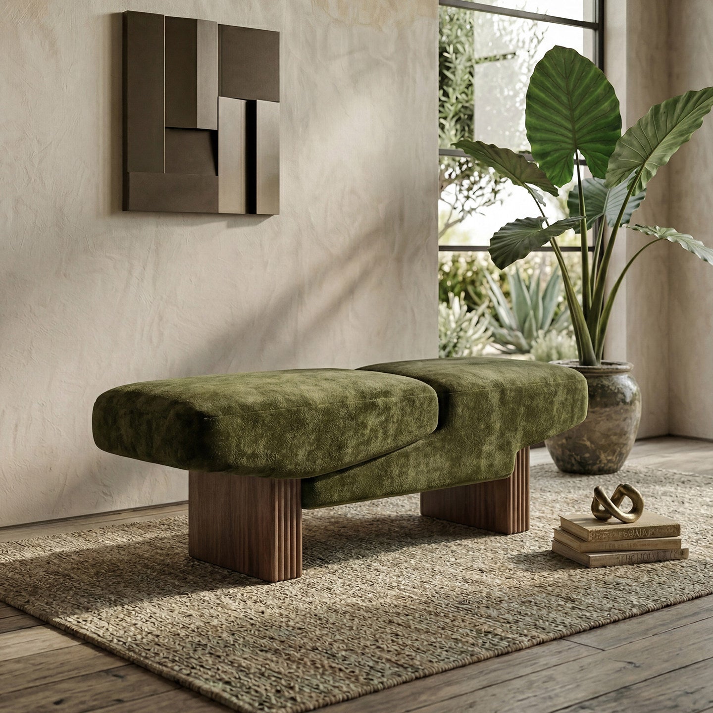 Olive Green Upholstered Bench, Chenille Accent Bench with Solid Wood Legs, Modern Entryway Bench, Bedroom End of Bed Seat, Living Room Footstool, Closet Bench
