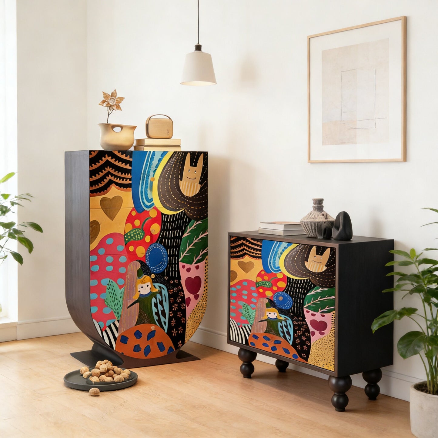 Colorful Painted 4 Drawer Accent Cabinet, Artistic Pine Wood Storage Chest, Modern Whimsical Entryway Cabinet for Kids Room, Bedroom, Living Room, Hallway, Playroom