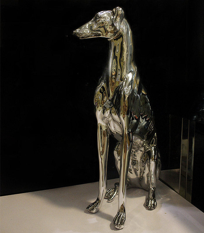 Silver Greyhound Dog Statue, Electroplated Metallic Sitting Dog Sculpture, Tall Decorative Animal Figurine for Living Room, Entryway, Console Table, Office, Hotel Decor