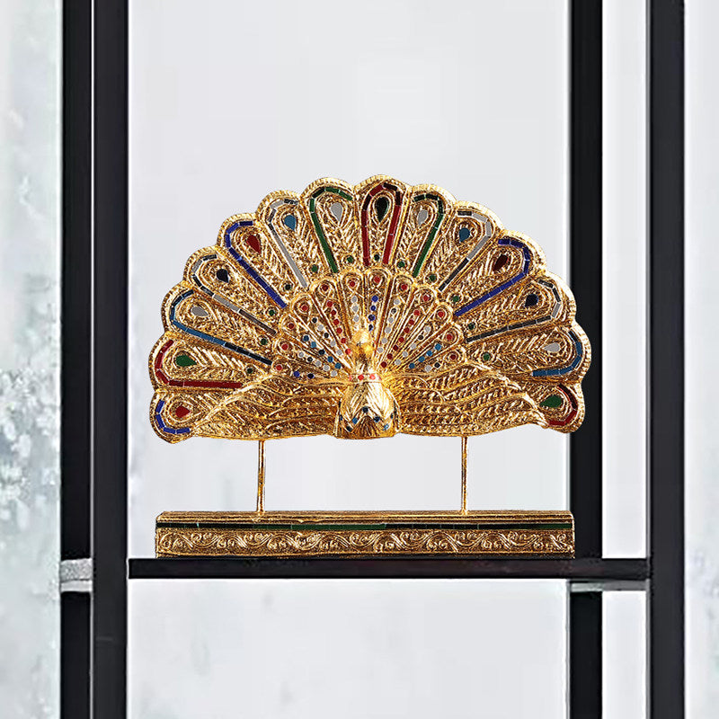 Gold Peacock Sculpture with Multicolor Fan Tail, Decorative Tabletop Figurine