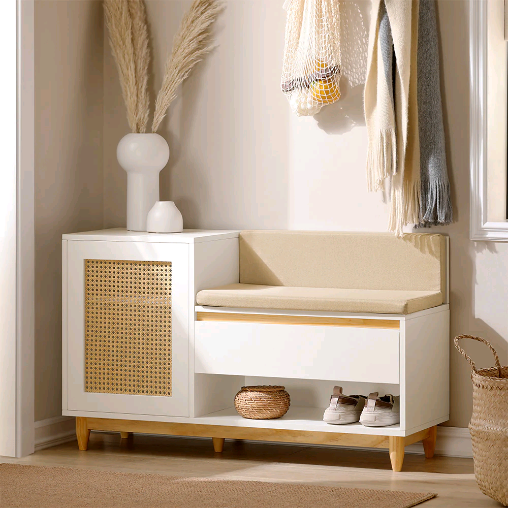 White Shoe Storage Bench with Rattan-Look Door and Cushioned Seat