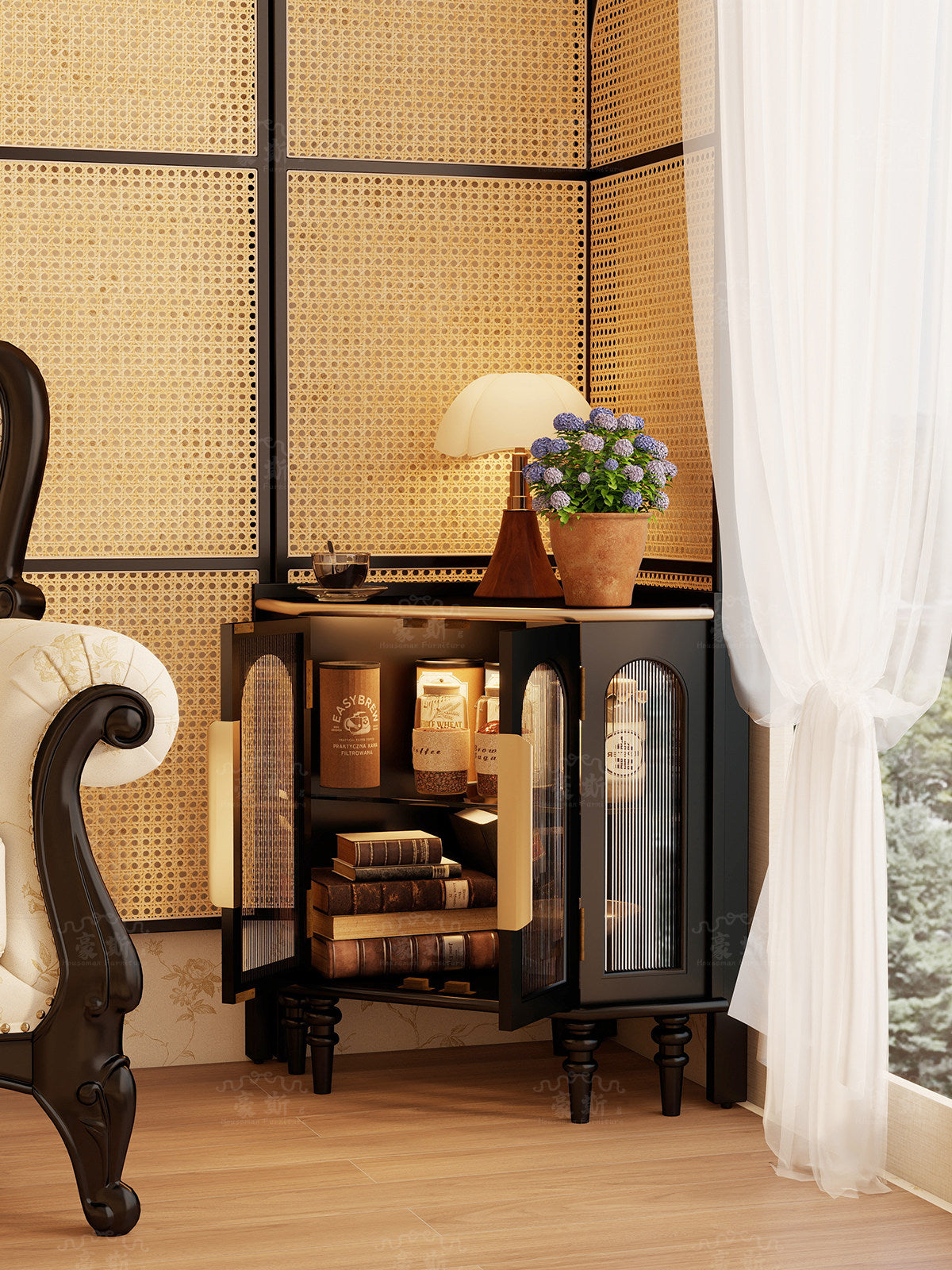 Black Corner Storage Cabinet with Fluted Glass Doors, Solid Wood Frame