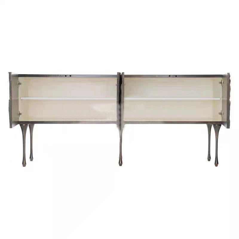 Distressed Silver Solid Wood 4-Door Sideboard Buffet Cabinet, Sculpted Botanical Leaf Relief Credenza with Interior Shelves for Dining Room, Living Room and Entryway