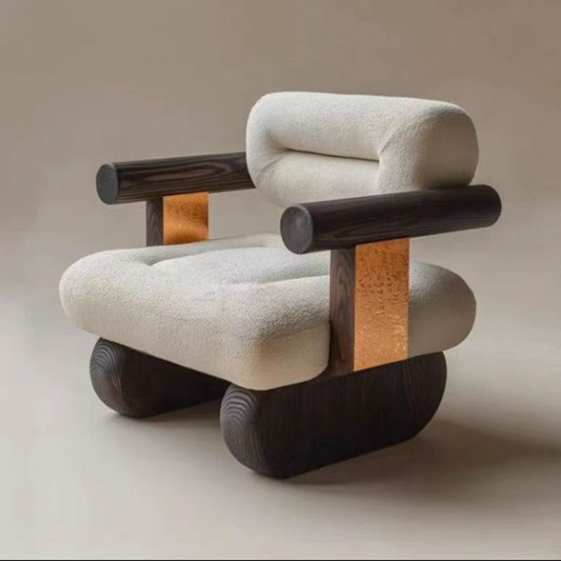 Modern Wabi Sabi Boucle Accent Chair, Solid Ash Wood Lounge Armchair with White Sherpa Upholstery, Japandi Low Profile Single Sofa Chair for Living Room, Bedroom, Hotel Lobby, Reading Corner