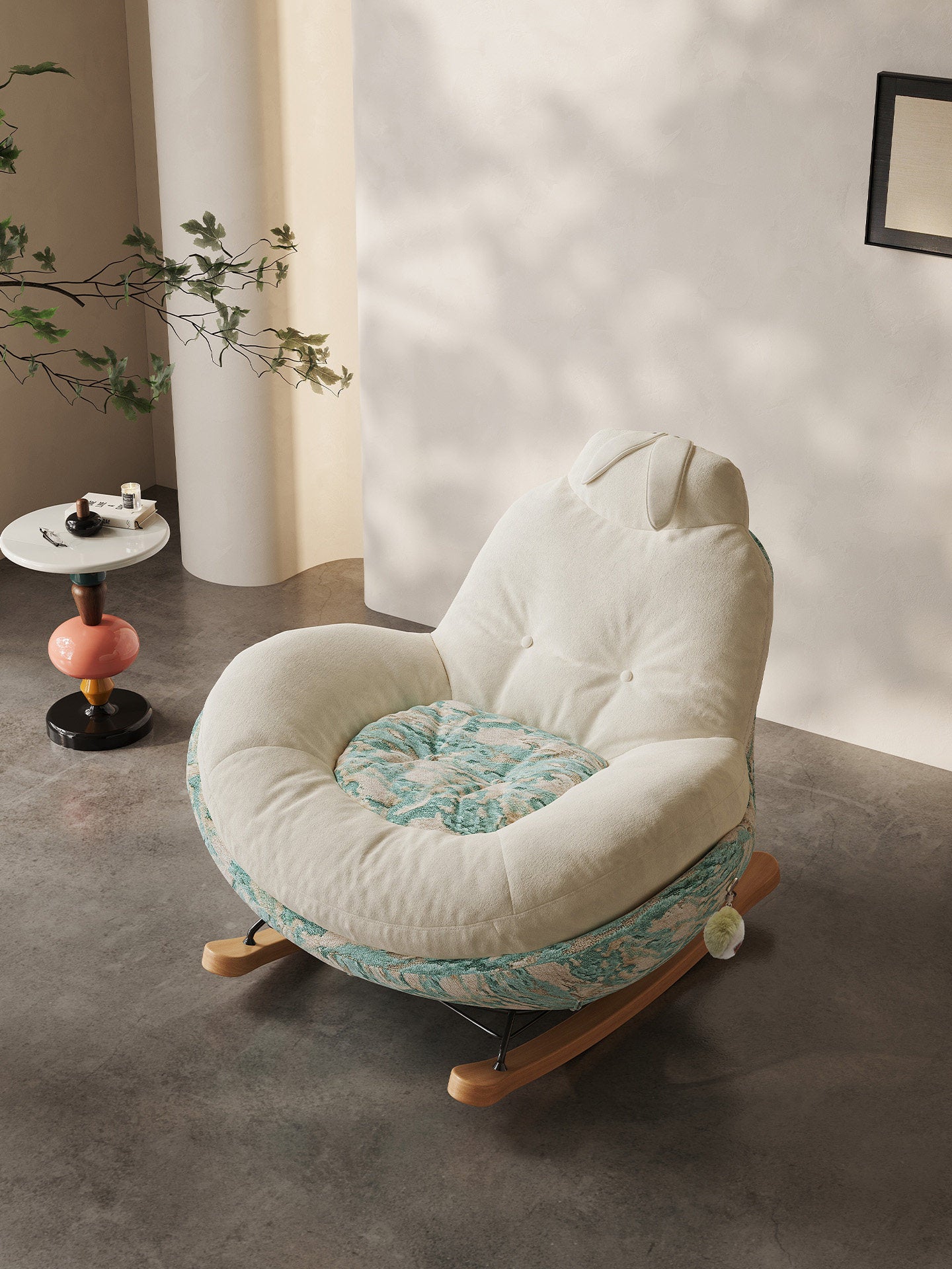 Modern Upholstered Rocking Chair, Oversized Lounge Rocker with Plush Velvet Fabric, Ergonomic Accent Chair for Living Room, Bedroom, Nursery &amp; Reading Nook, Contemporary Upholstered Glider Chair, Blue and Cream