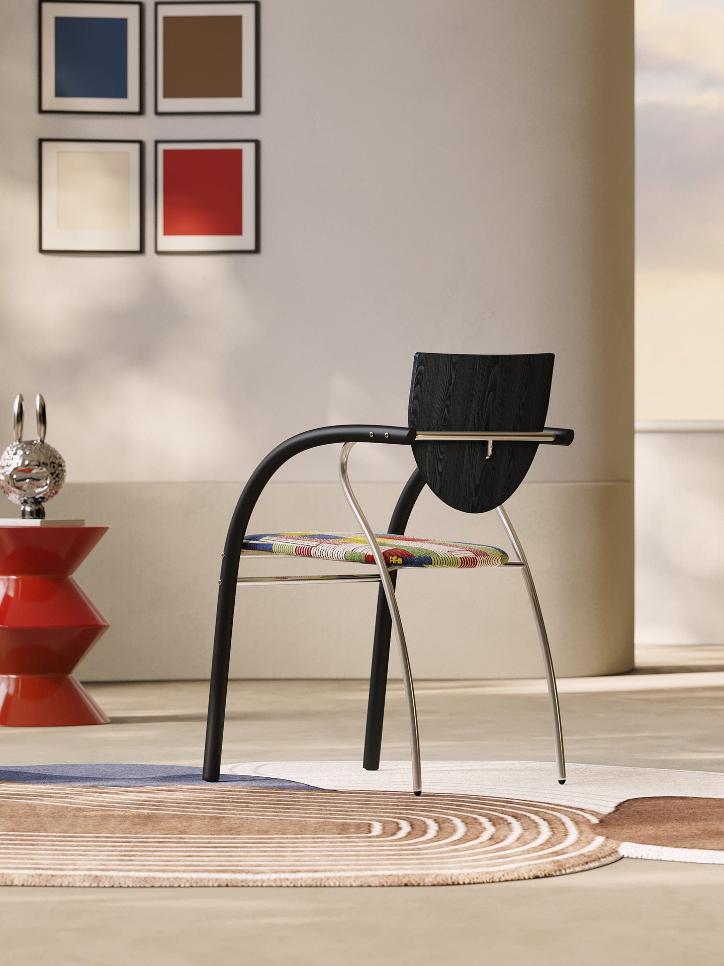 Multicolor Striped Upholstered Dining Chair with Arms, Modern Fabric Accent Chair with Curved Metal Frame, Padded Side Chair for Dining Room, Kitchen, Bedroom, Vanity, Cafe Seating