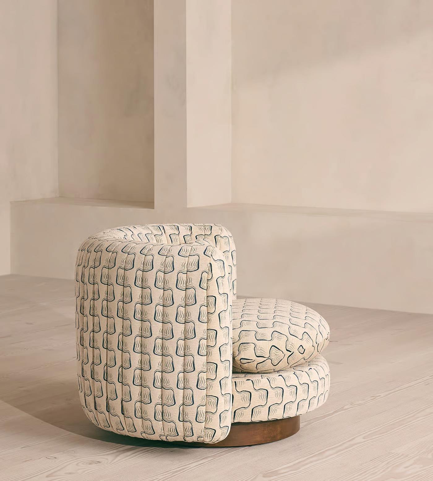 Cream Patterned Swivel Accent Chair with Wood Base for Living Room