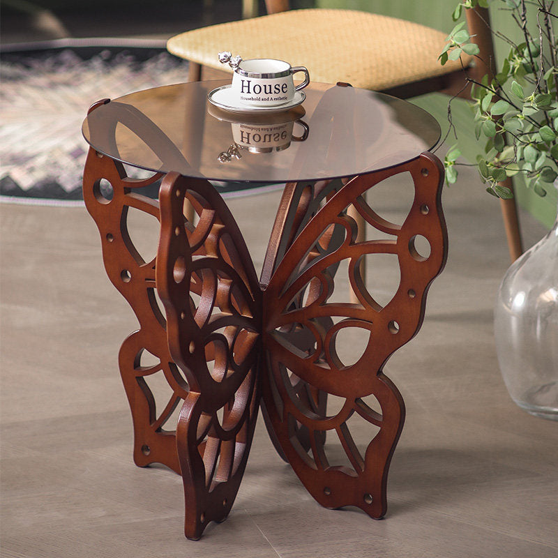 Brown Round Glass Side Table, Solid Wood Butterfly Base