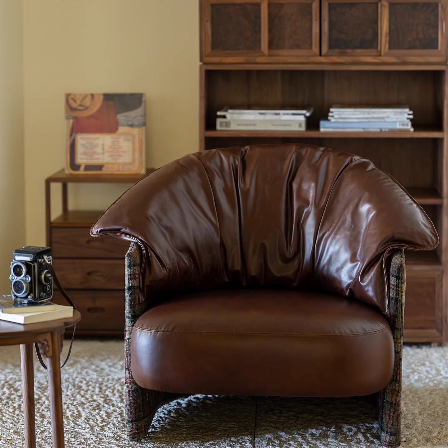 Vintage Brown Leather Accent Chair with Plaid Upholstered Sides