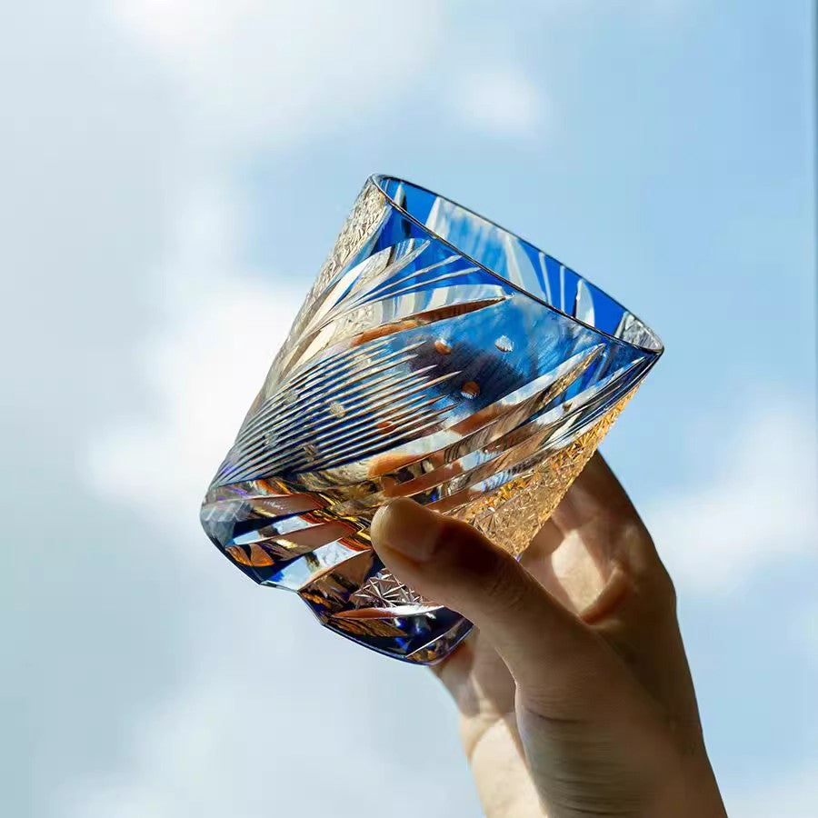 Blue Amber Cut Glass Whiskey Tumbler, Decorative Crystal Style Rocks Glass with Gift Box, Luxury Old Fashioned Glass for Bourbon, Cocktails, Water, Bar Cart, Home Bar Gift