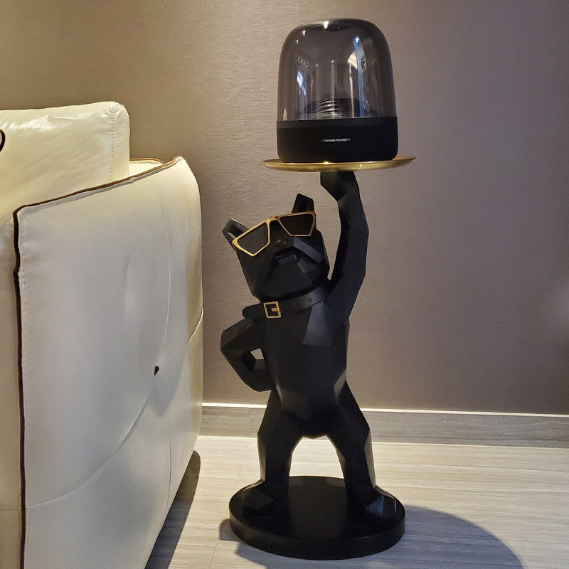 Black Resin French Bulldog Floor Statue with Round Tray, Geometric Dog Side Table Sculpture with Sunglasses for Living Room, Entryway, Bedroom, Office or Housewarming Gift