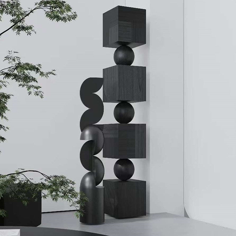Black Geometric Wood Floor Sculpture, Tall Abstract Stacked Cube and Sphere Statue, Modern Carved Wooden Column Decor for Hotel Lobby, Entryway, Living Room, Office and Gallery