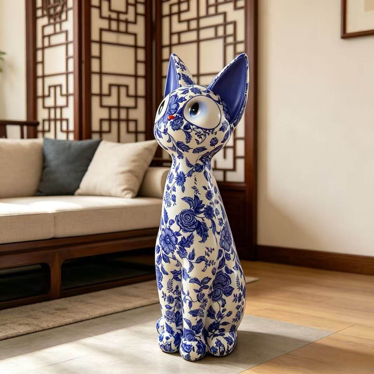 Blue and White Cat Floor Statue, Porcelain Style Decorative Animal Sculpture for Living Room, Entryway, TV Stand, Sofa Side and Home Décor Gift