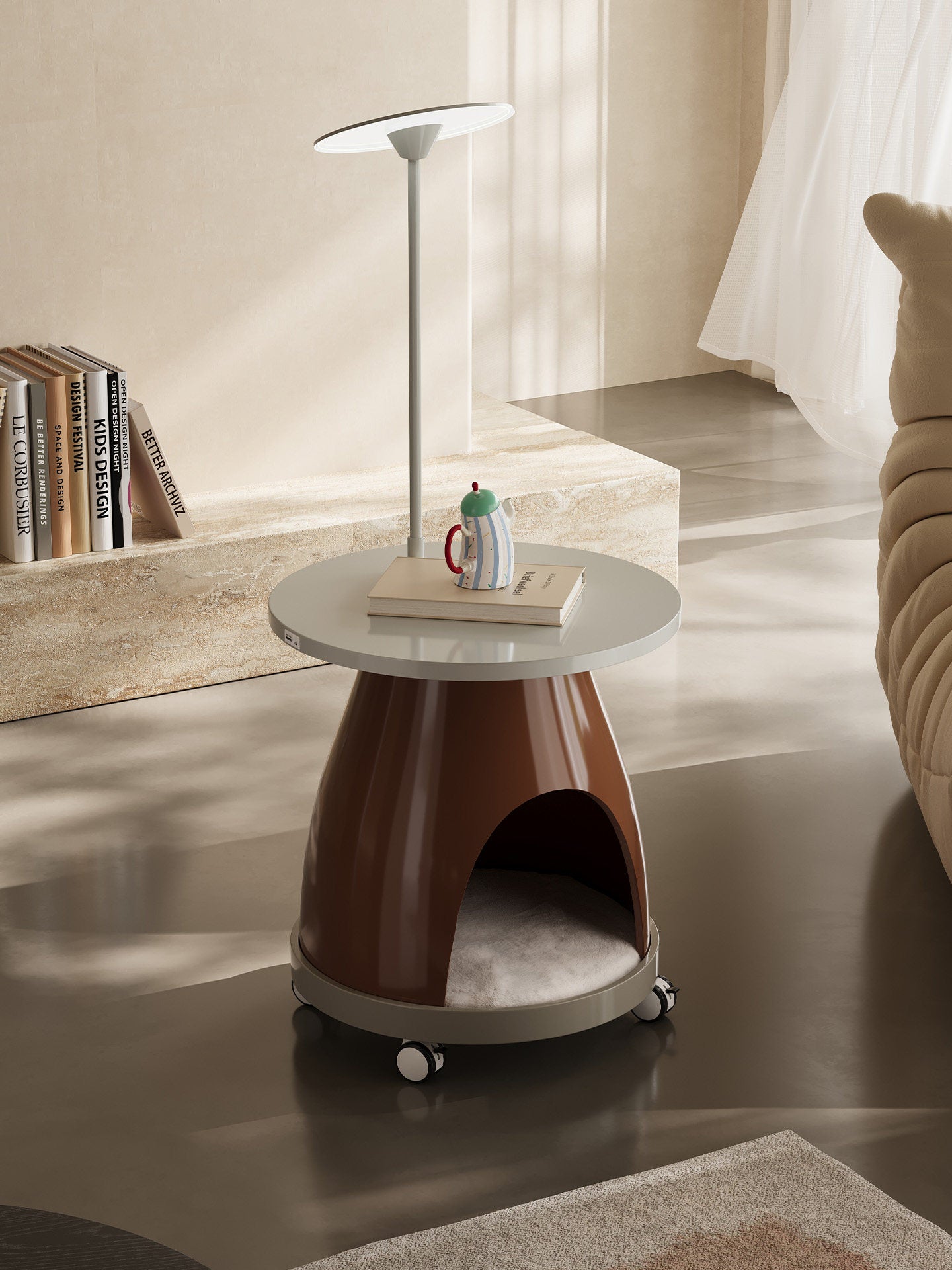 Modern Pet Side Table with Built-In Cat House, Round End Table with Lamp Pole and Charging-Ready Top, Movable Accent Table for Living Room, Bedroom, Sofa Side, and Small Space Pet Furniture