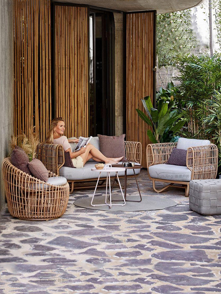 Outdoor PE Rattan Loveseat Sofa, 2 Seater Patio Wicker Couch with Gray Cushions and Aluminum Frame, Modern Balcony Sofa for Porch, Garden, Poolside, Sunroom, Villa Lounge and Patio Conversation Seating