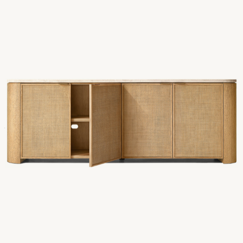 Cane Door Sideboard Buffet Cabinet, 4-Door Rattan Media Console with Travertine-Style Top for Living Room, Dining Room, TV Stand, Natural Wood