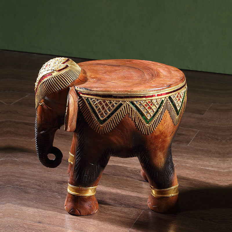 Antique Brown Solid Wood Elephant-Shaped Stool with Gold-Tone Mirror-Style Inlay, Thai-Inspired Carved Low Seat, Footrest and Side Table for Living Room, Entryway and Bedroom