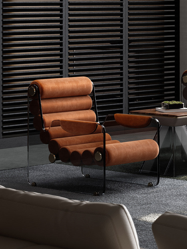 Modern Leather Lounge Chair, Floating Style Single Sofa Chair with Brown Full Grain Leather Cushions and Smoked Acrylic Side Panels, Luxury Accent Recliner Chair for Living Room, Bedroom, Office, Villa and Reading Corner
