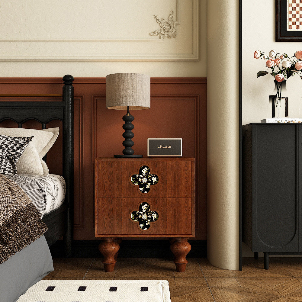 Solid Walnut Wood Nightstand with 2 Drawers, 19.7-Inch Bedside Table with Floral Quatrefoil Inlay Panels and Sculpted Legs for Bedroom, Guest Room or Living Room