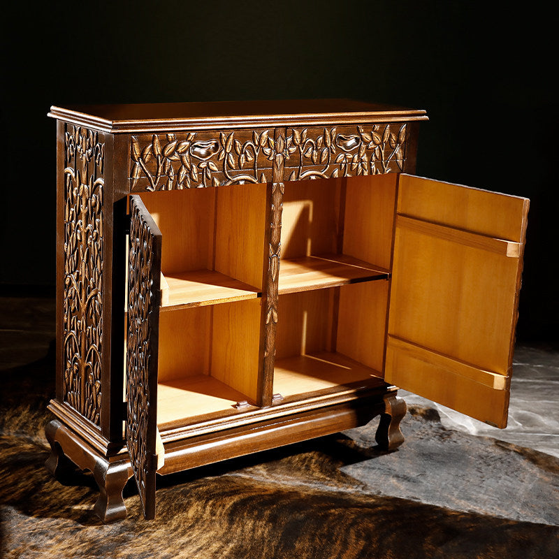 Antique Brown Solid Wood 2-Door Accent Cabinet, Carved Bodhi Tree Botanical Relief Entryway Storage Cupboard with Raised Legs for Foyer, Living Room, Hallway and Dining Room