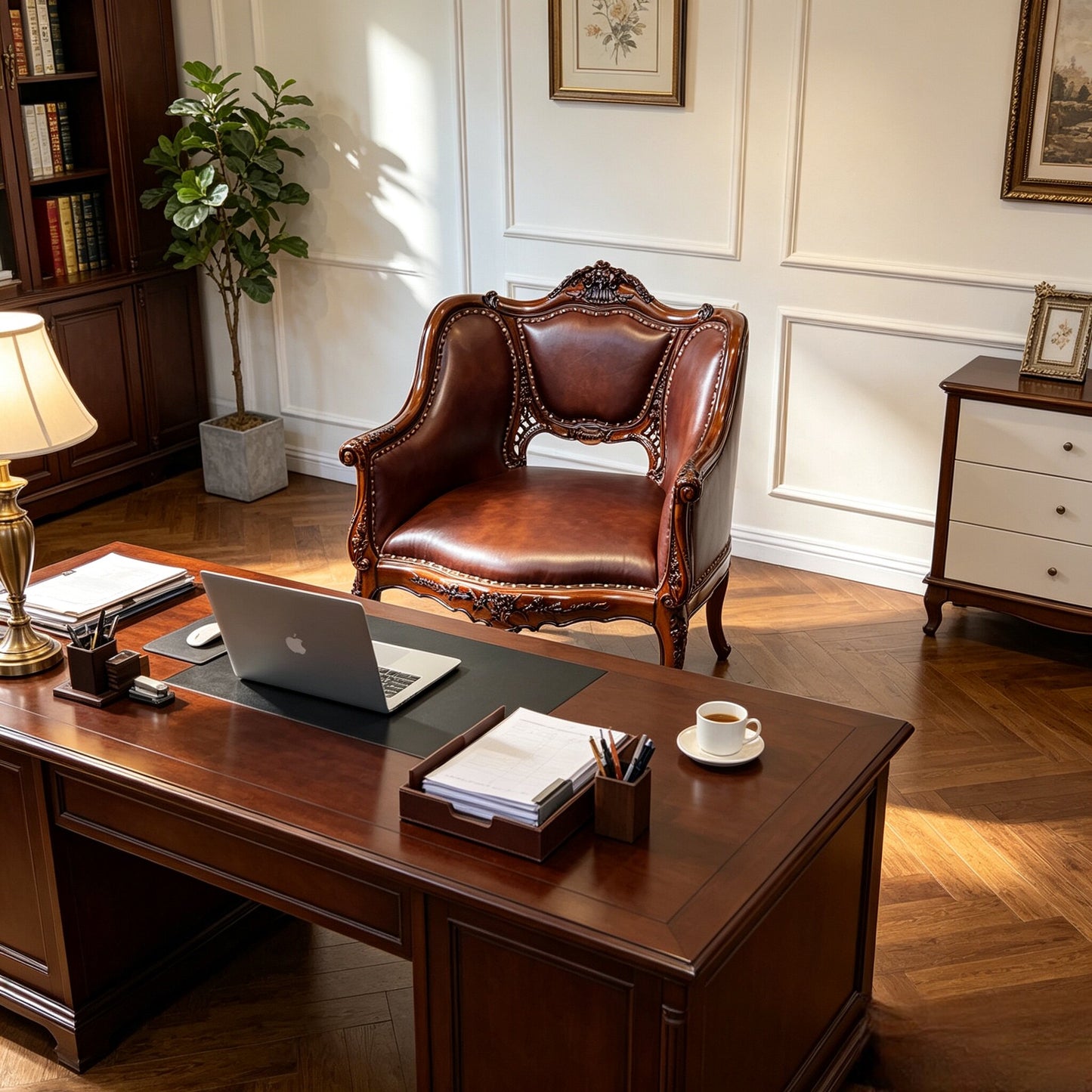Brown Leather Accent Chair with Carved Solid Wood Frame, 29.5 Inch