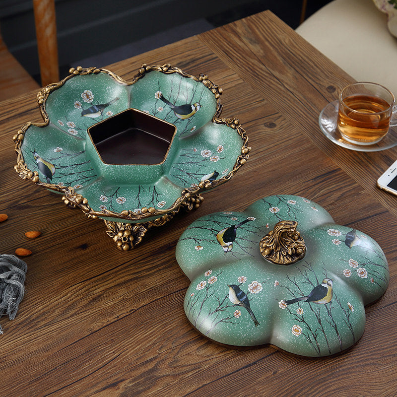 Green Covered Divided Candy Dish, 6-Section Dry Fruit Tray with Lid, European Style Decorative Snack Serving Bowl for Nuts, Candy, Cookies, Dried Fruit, Coffee Table, Tea Table, Living Room Decor