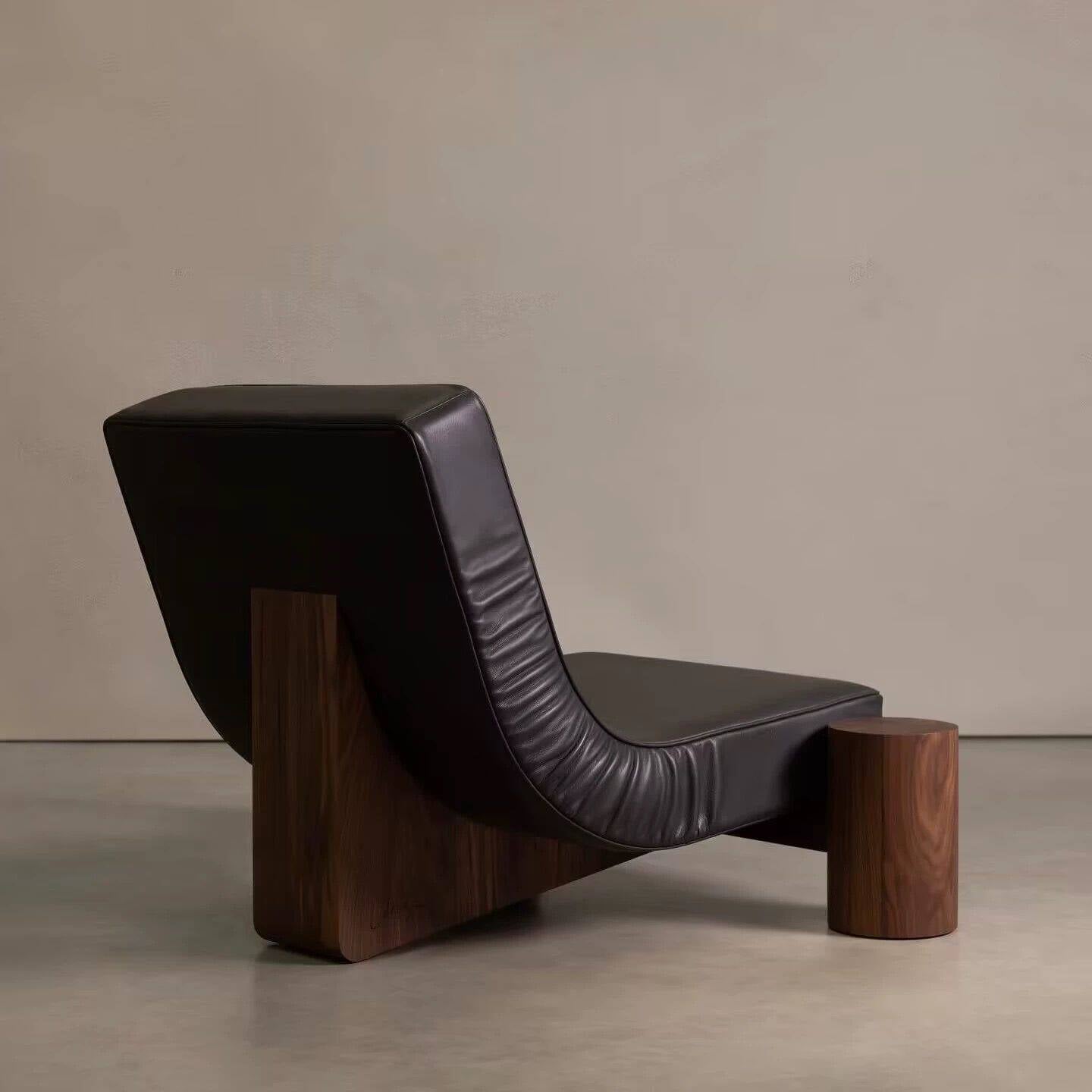 Black Leather Accent Chair, Modern Single Lounge Chair with Sculptural Wood Base, Mid-Century Reception Armchair for Living Room, Office, Bedroom and Lounge