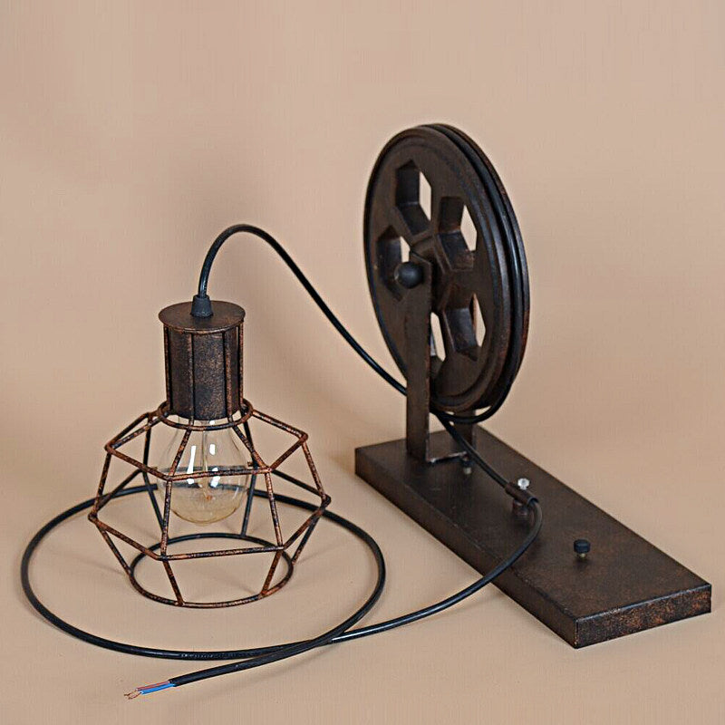Industrial Pulley Wall Sconce, Vintage Loft Wall Lamp with Metal Cage Shade, Adjustable Rustic Wall Light Fixture for Cafe, Restaurant, Hallway, Entryway, Bar, Bedroom