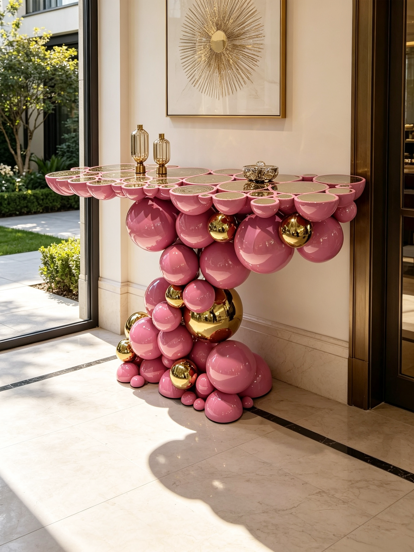 Pink and Gold Bubble Console Table, Sculptural Sphere Entryway Table, Modern Luxury Accent Console for Foyer, Hallway, Living Room, Hotel Lobby and Home Decor