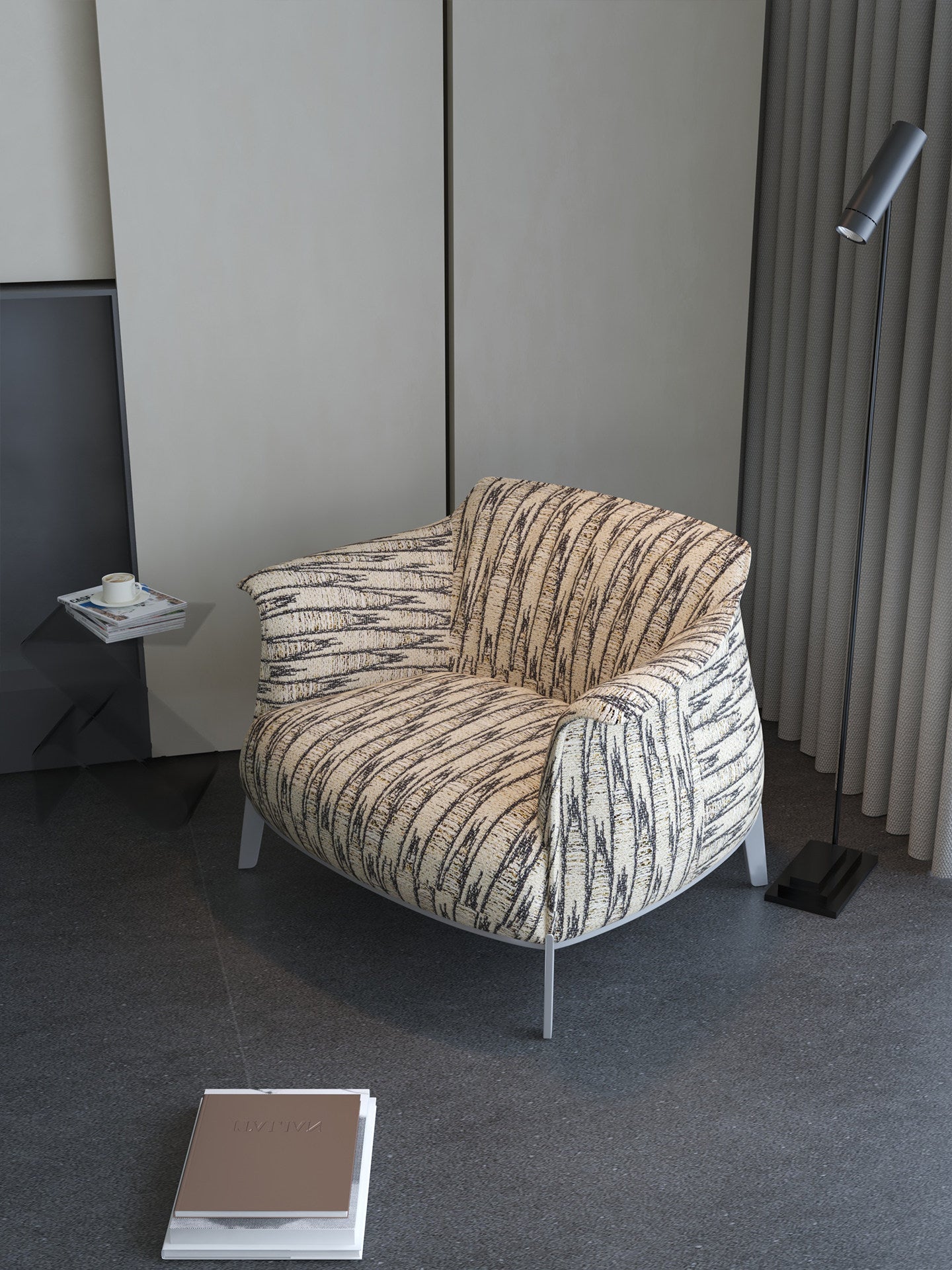 Ivory and Black Abstract Stripe Fabric Accent Armchair, Modern French-Inspired Curved Lounge Chair with Wraparound Arms and Slim Silver Legs for Living Room, Bedroom, Balcony and Reception Area