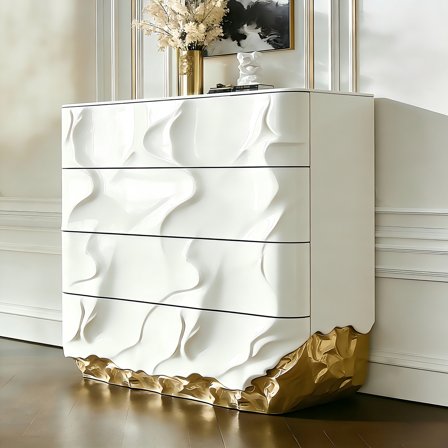 White and Gold 4 Drawer Chest, Modern Luxury Storage Cabinet with Sculpted Wave Front, Artistic Dresser Cabinet for Bedroom, Dining Room, Living Room, Entryway, Hallway