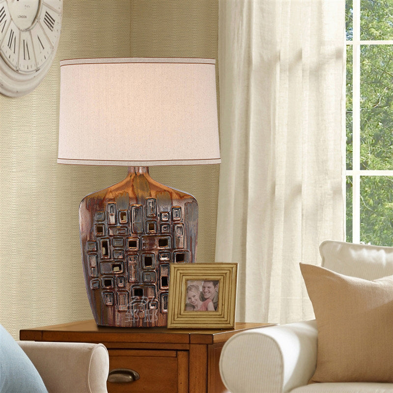 Retro Metallic Glaze Ceramic Table Lamp with Fabric Shade, Hollow Geometric Bedside Lamp with E27 Socket and Button Switch, Decorative Nightstand Lamp for Bedroom Living Room